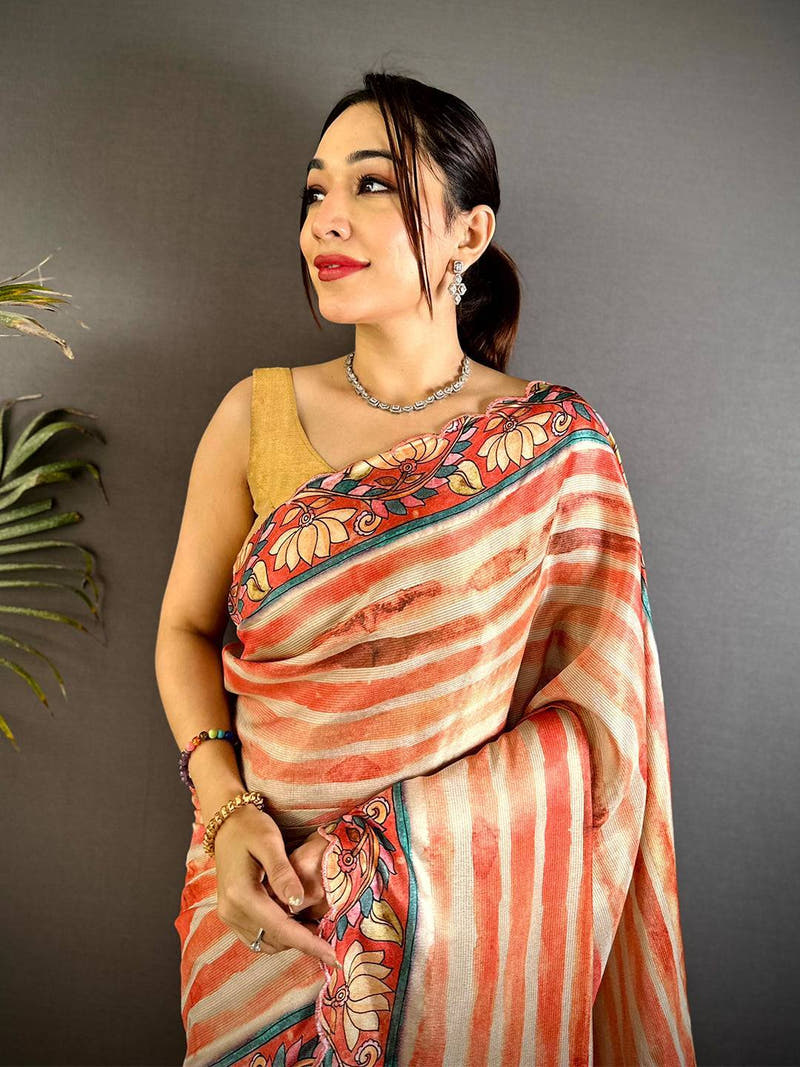 Stylish Pen Kalamkari Shibori Cutwork Saree