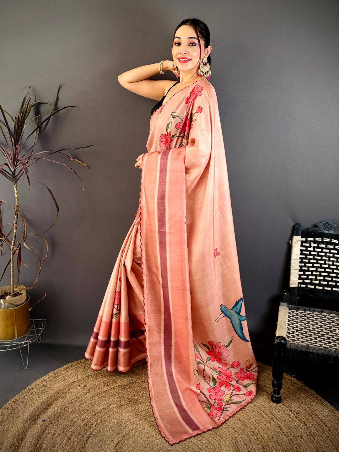 Designer Bird Print Tussar Saree