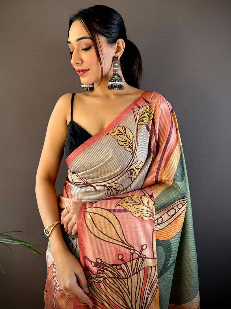 Rose Pink Zari Tussar Printed Saree