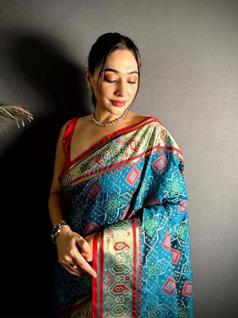 Denim Blue Soft Silk Saree With Patola Weaving