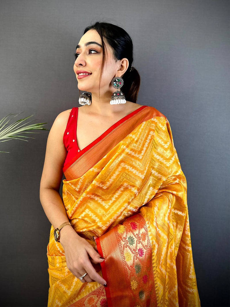 Yellow Banarasi Zic Zac Katan Silk Saree
