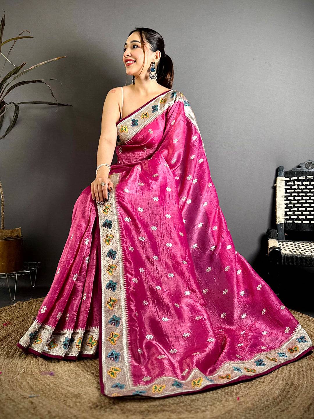 Pink Crush Silk Zari Embroidered Saree