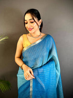 Stylish Self Chex Linen Zari Saree