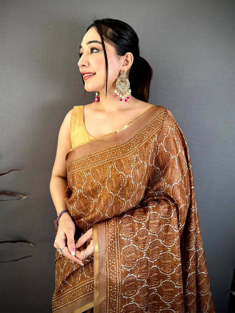 Brown Ajrakh Digital Print Kota Saree
