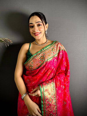 Pink Pochampally Patola Soft Silk Saree