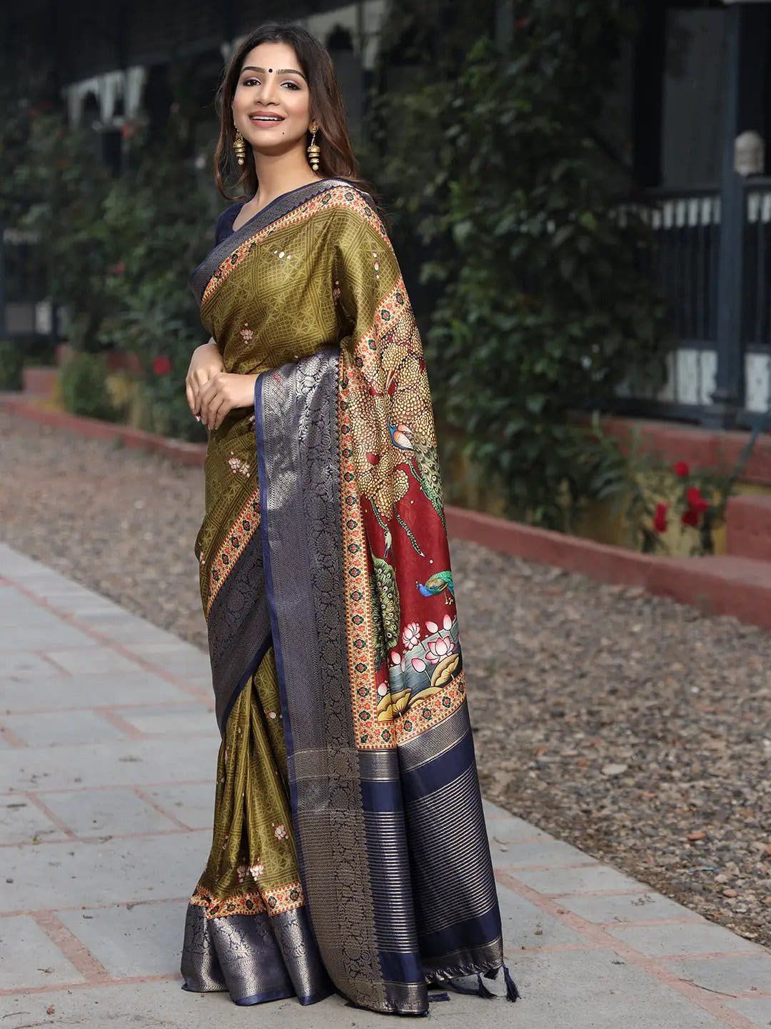 Olive Colour Pure Viscose Dola Silk Saree with Pichwai Kalamkari Print - Luxe