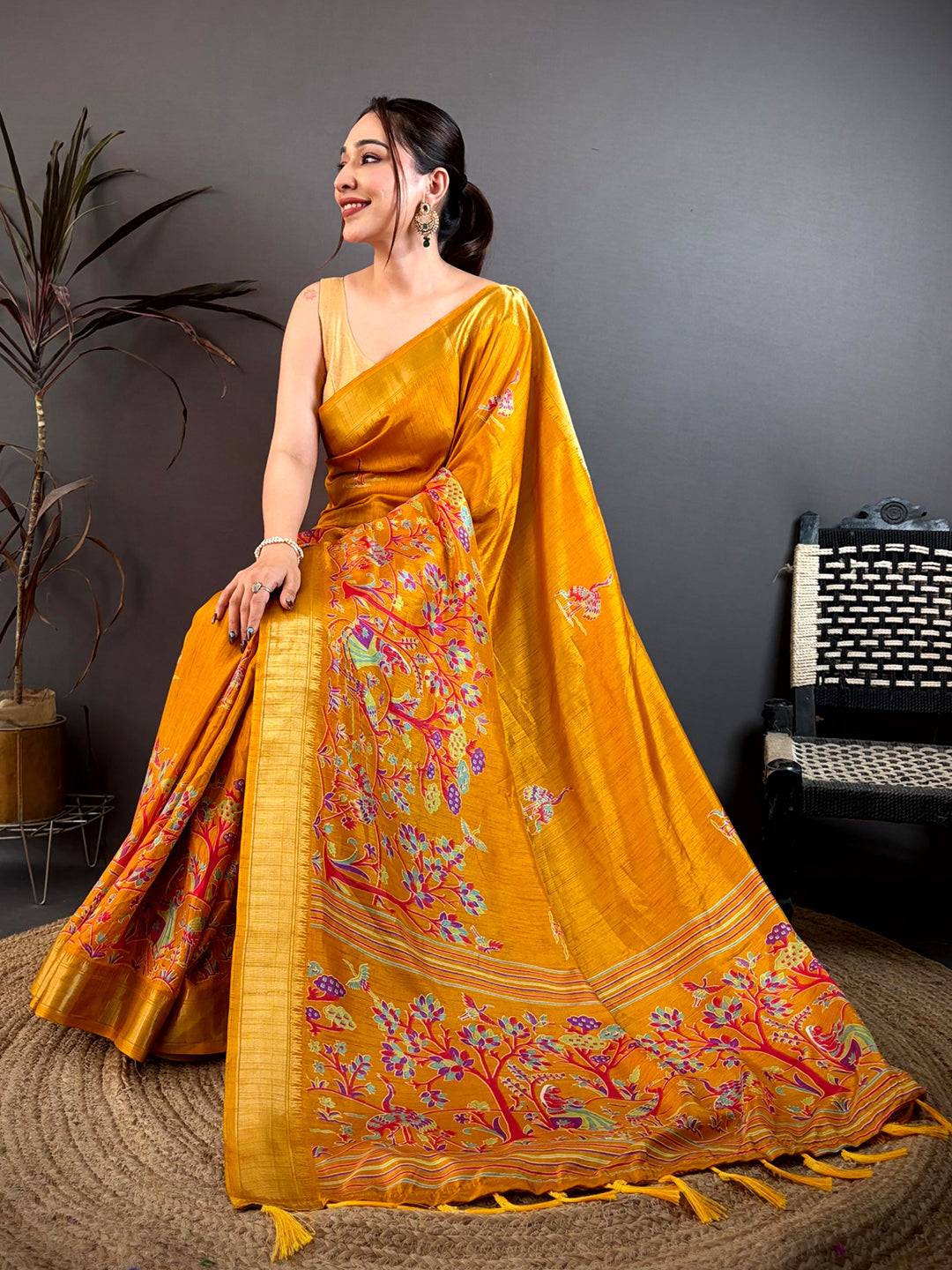 Dark Mustard Shade Printed Dola Silk Saree