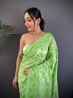 Green Soft Dhakai Jamdani Silk Saree