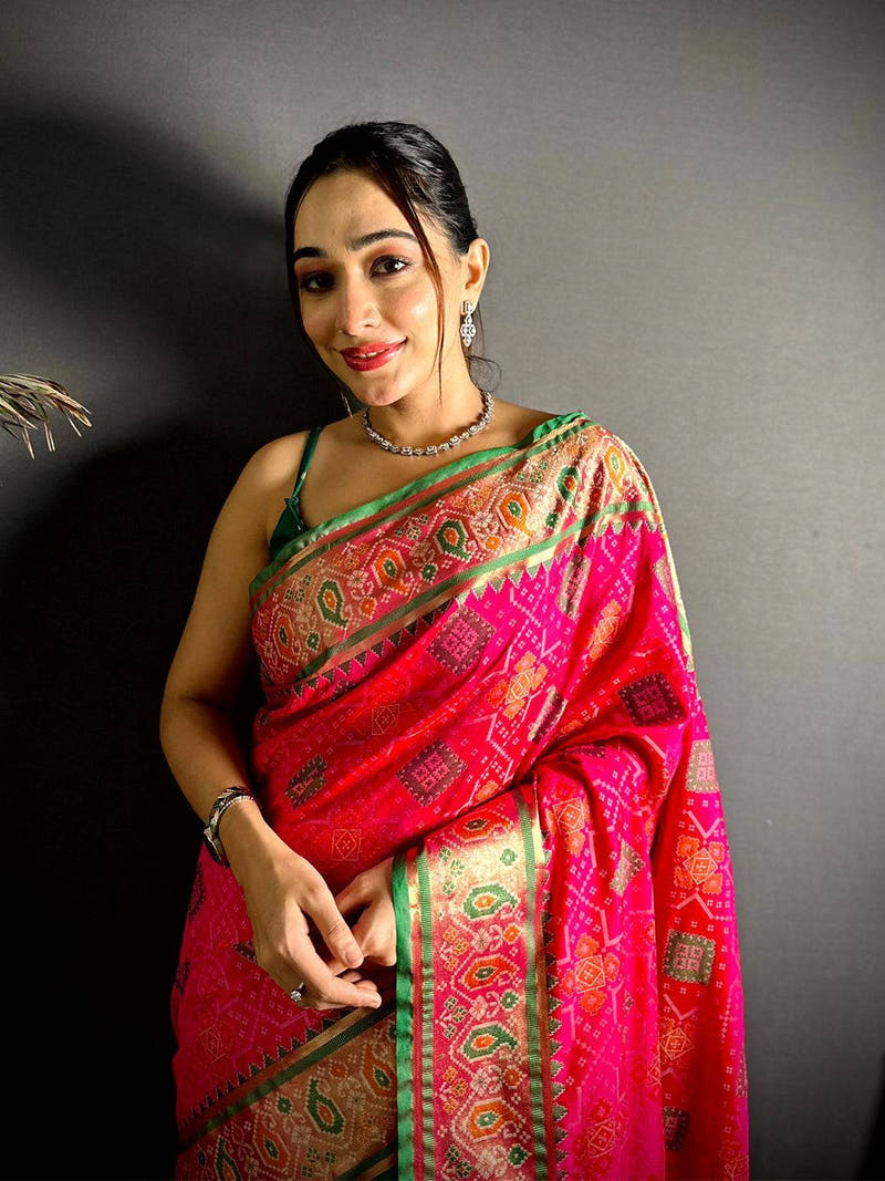 Pink Soft Silk Saree With Patola Weaving