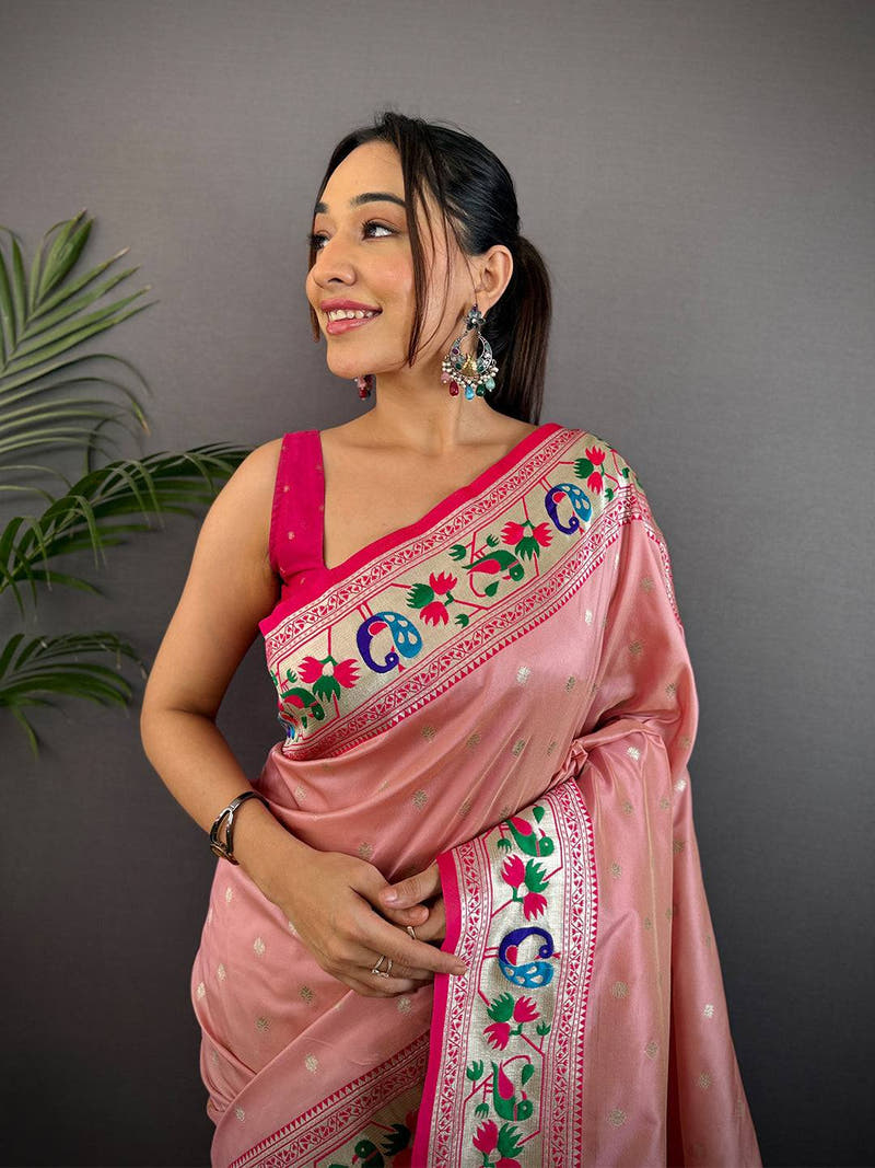 Baby Pink Soft Silk Paithani Meenakari Saree