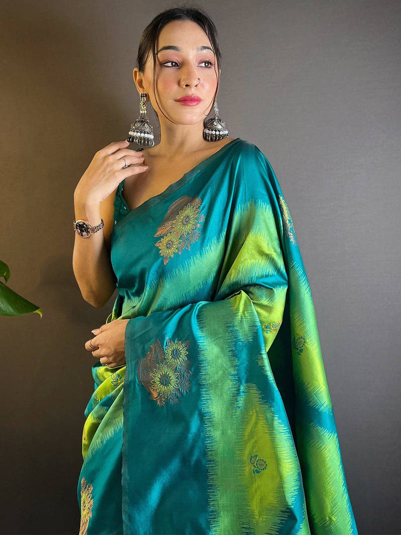 Parrot Green Tussar Silk Ikkat Weaving Saree