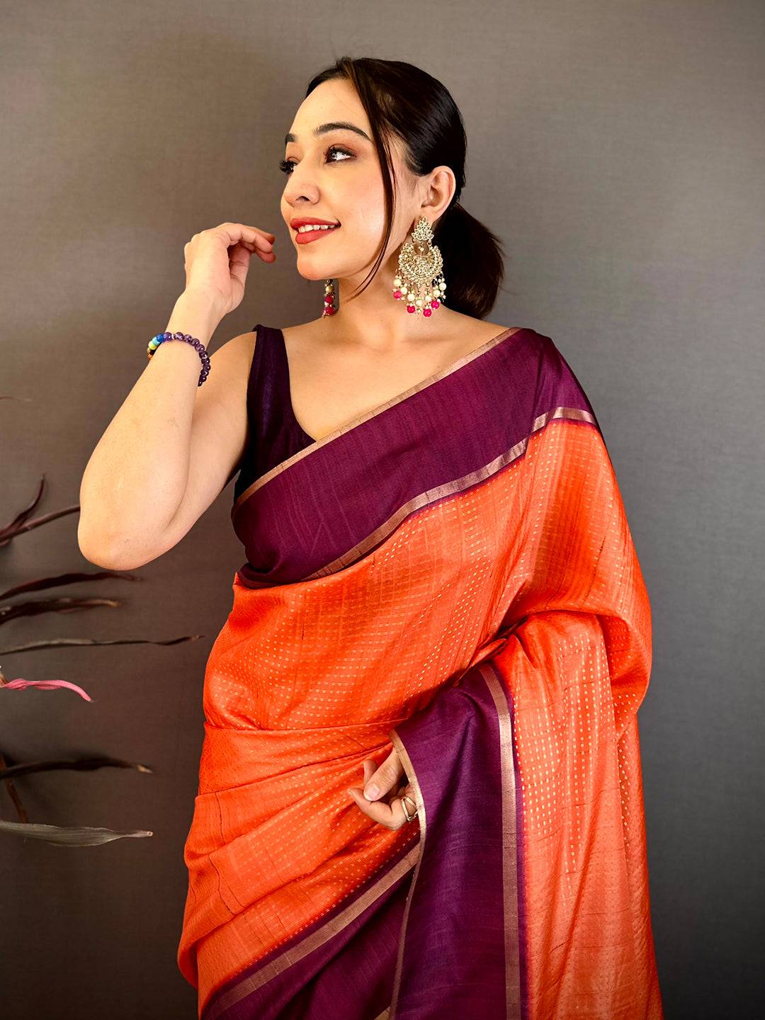 Saffron Orange Tussar Gold Zari 1000 Butti Saree