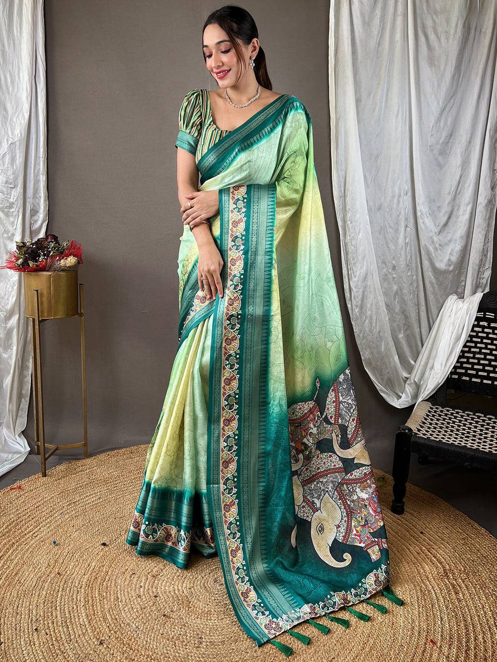 Emerald Green Kota Satin Border Saree