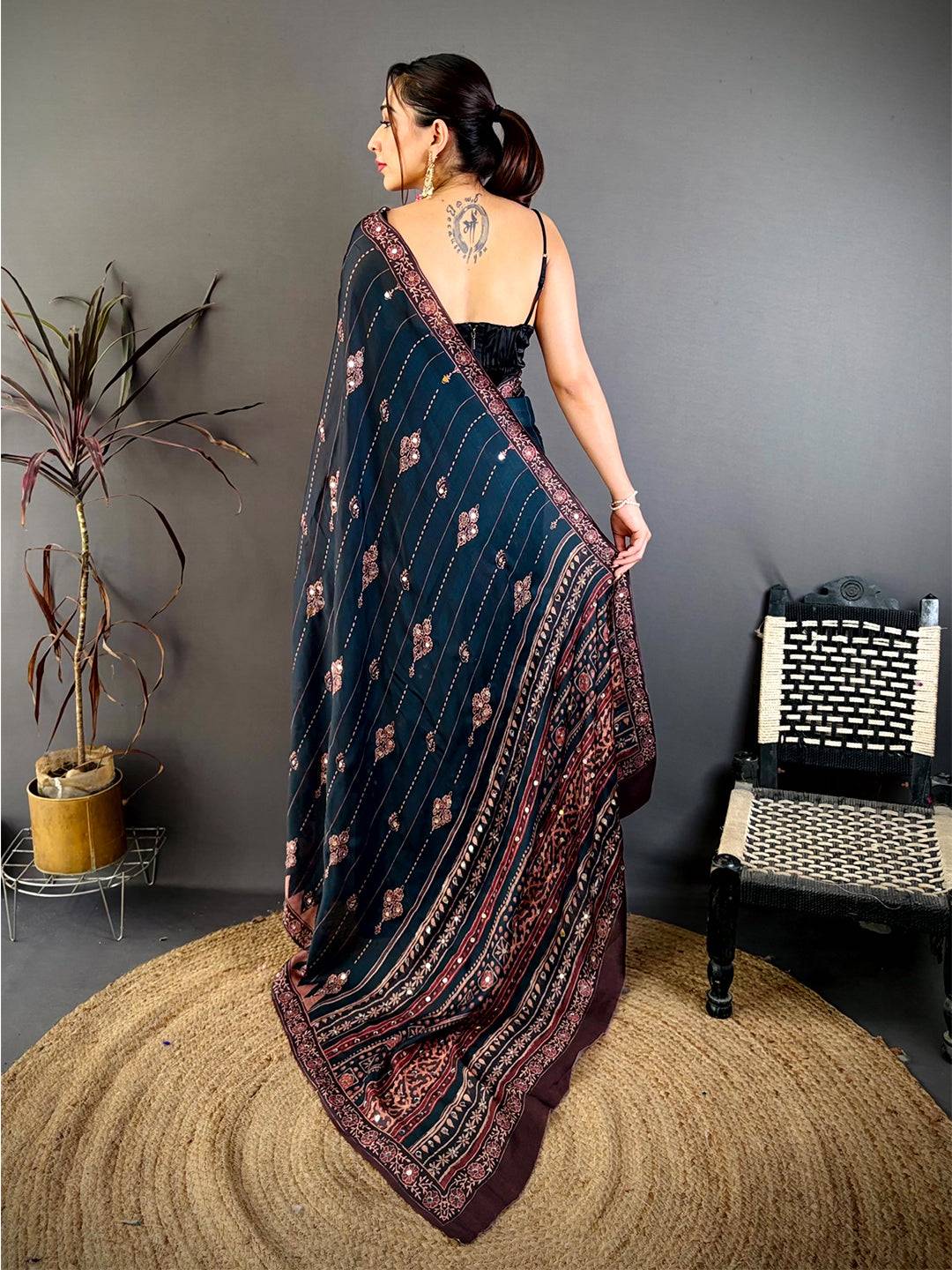 Rama Ajrakh Digital Printed Saree