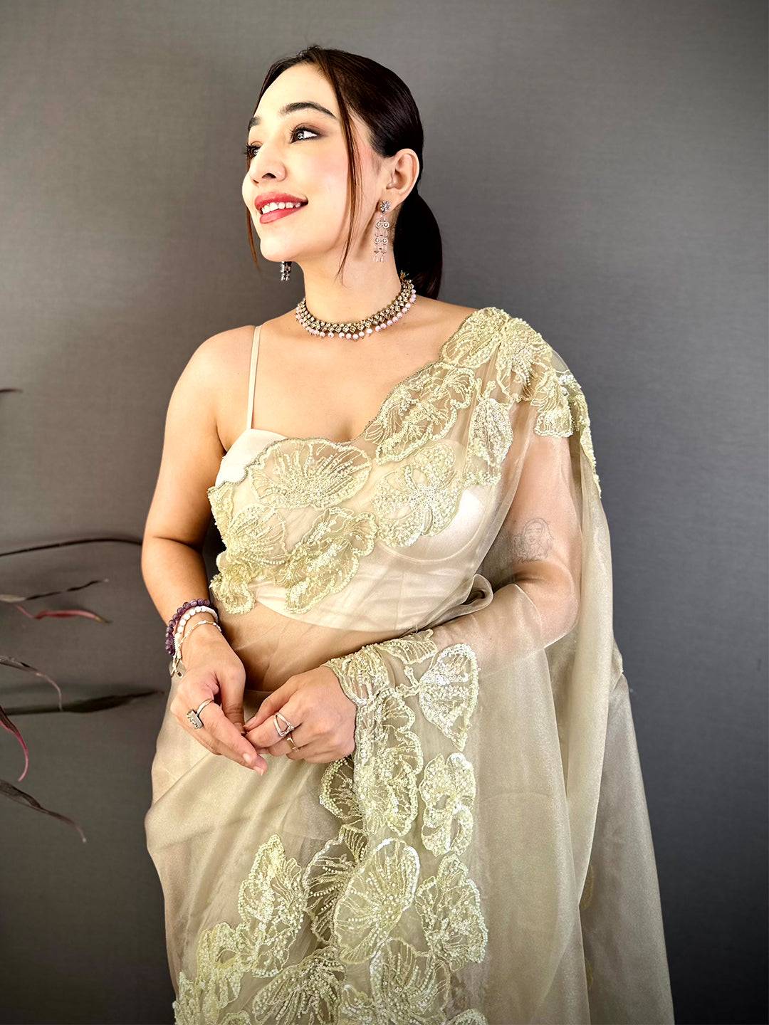 Vibrant Heavy Pearl Work Organza Saree