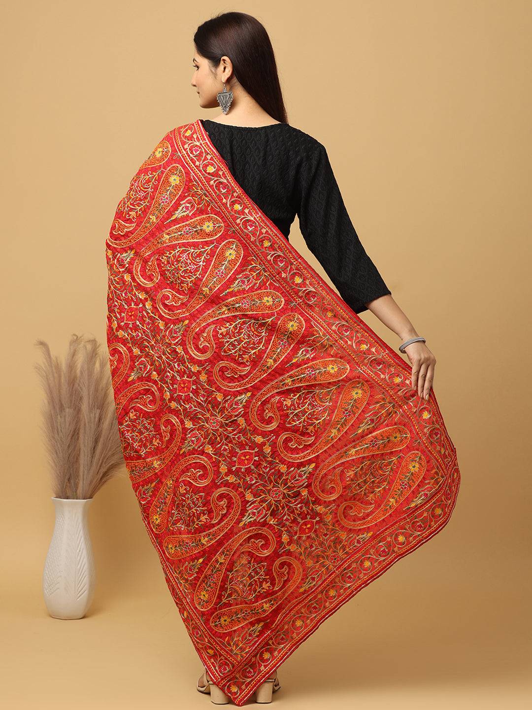 Red Ornate Paisley Medallion Pashmina Dupatta