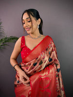 Vibrant Soft Cherry Satin Kalamkari Print Saree