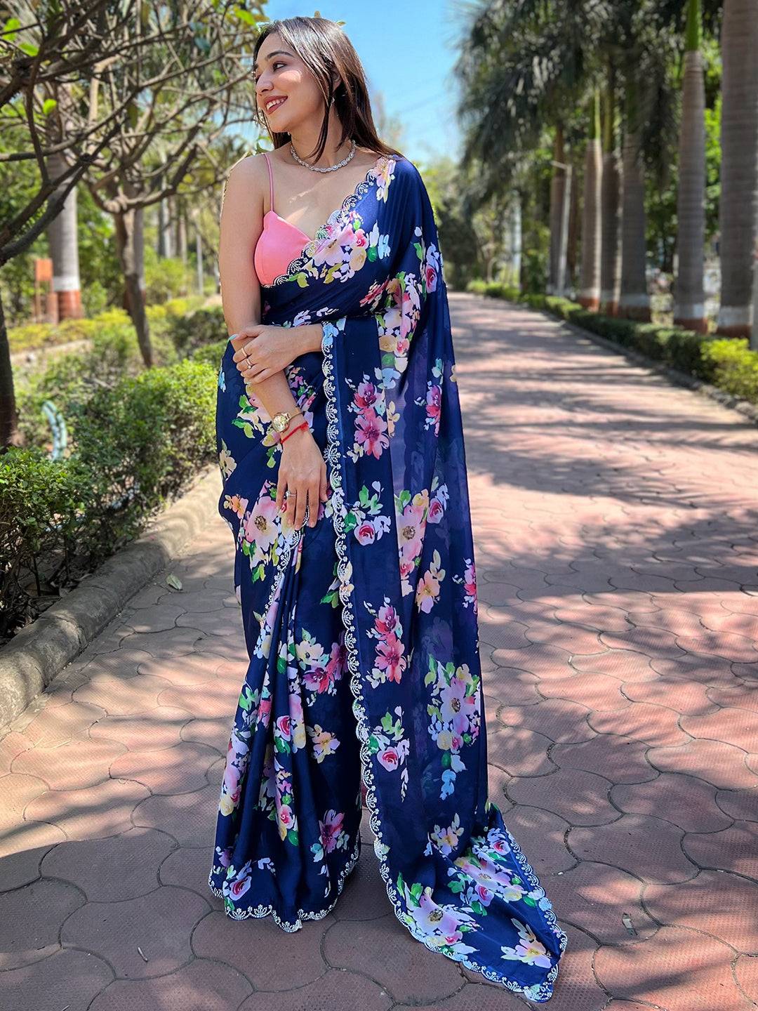 Navy Satin Georgette Floral Print Saree