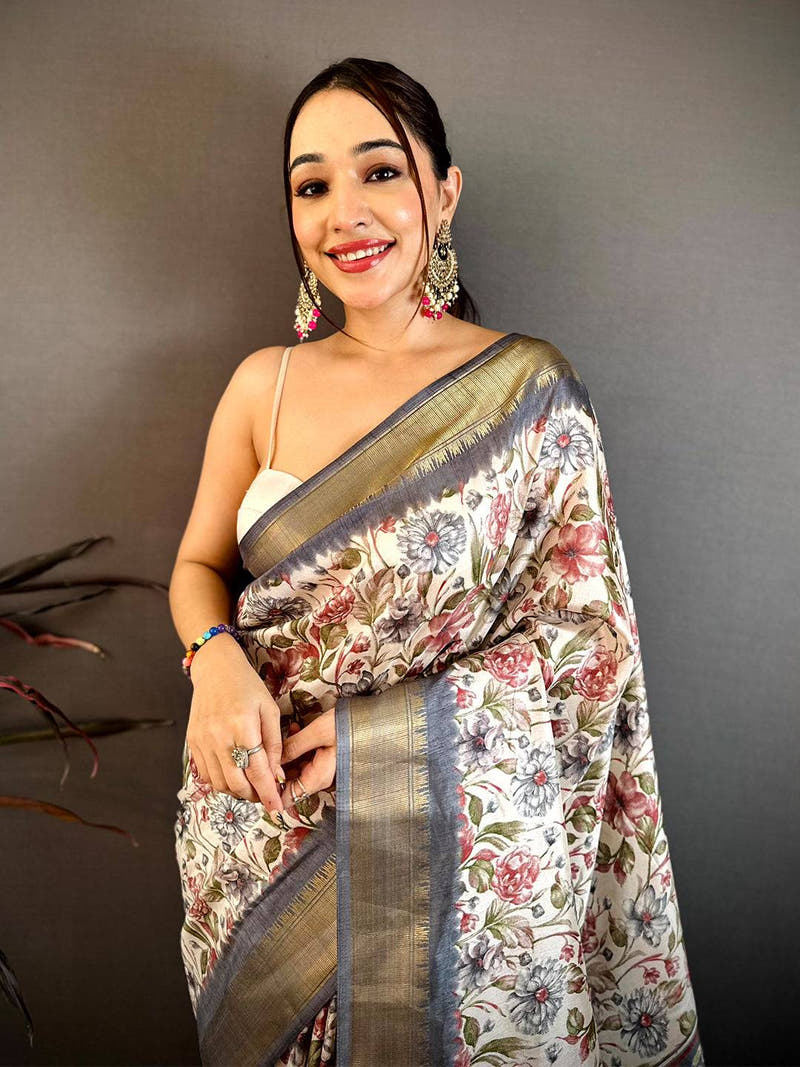 Grey  Floral Beauty Designer Saree
