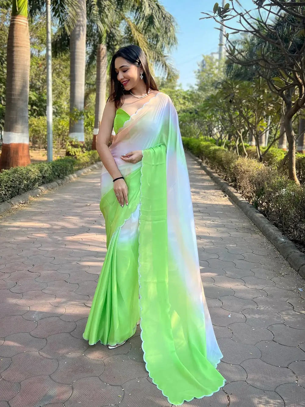 Green Satin Georgette Saree
