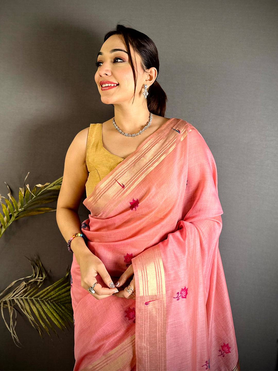 Royal Minakari Butti Khadi Linen Saree
