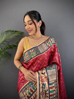 Blush Red Madhubani Print Soft Silk Saree