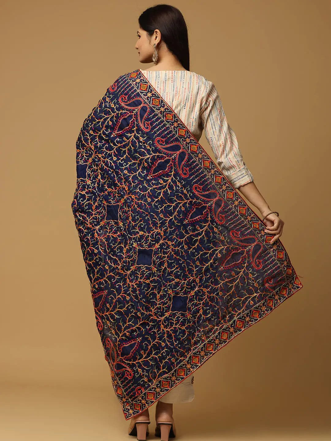Navy Bright Multicolour Bloom Pashmina Dupatta