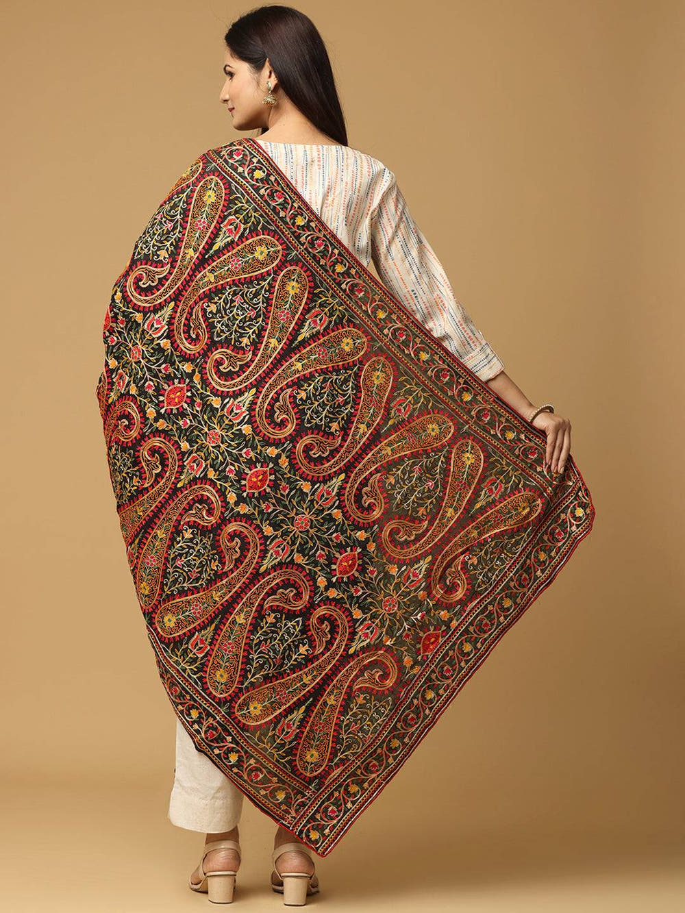 Black Ornate Rust Paisley Pashmina Dupatta