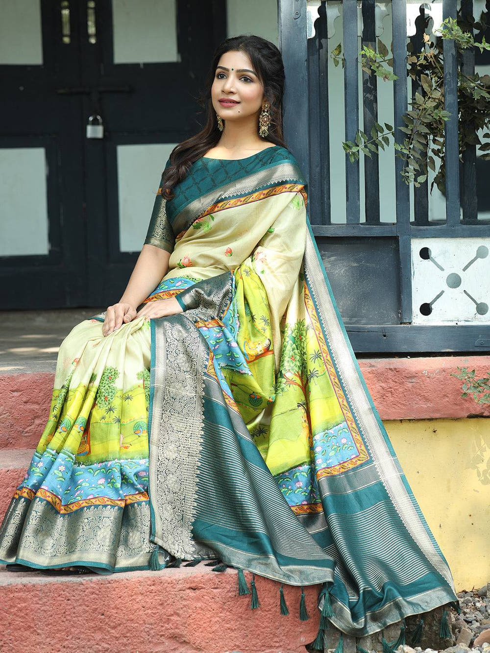 Pichwai Print Zari Weaving Pallu Saree In Pista Colour - Luxe