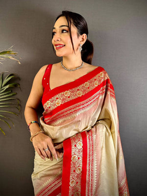 Gold Zari Woven Cream Soft Silk Saree
