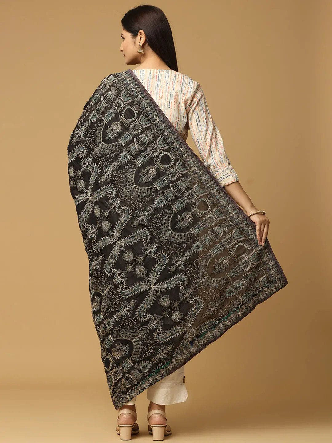Black Silver Ornate Paisley Pashmina Dupatta