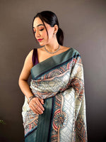 Off White Digital Kalamkari Printed Tussar Silk Saree