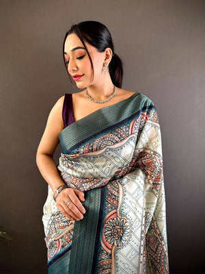 Off White Digital Kalamkari Printed Tussar Silk Saree