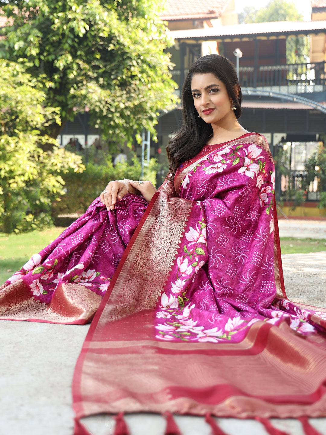 Magenta Pure Viscose Dola Silk Saree With Floral Print Border - Luxe