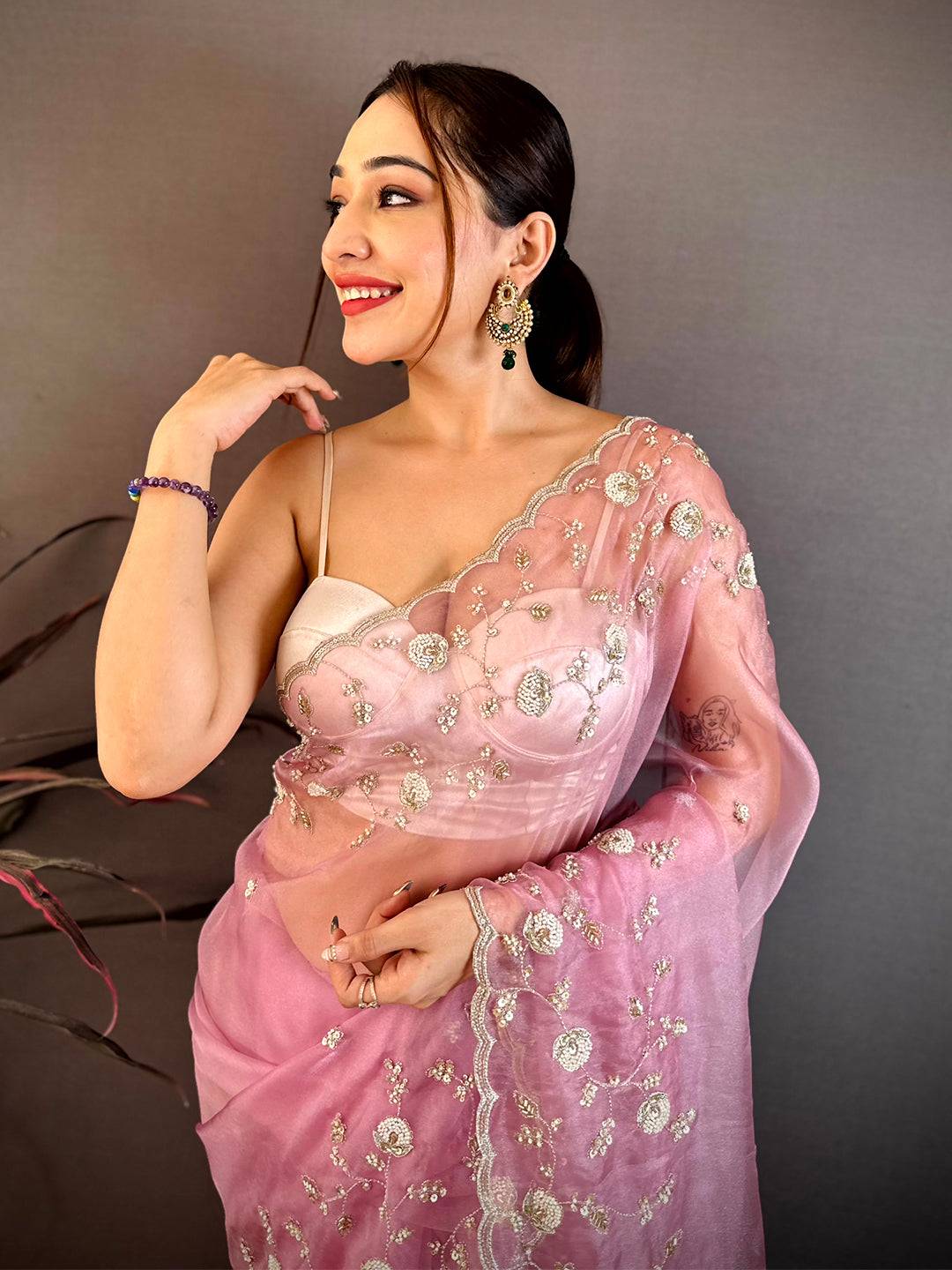 Pink Pearl Sequin Embroidered Organza Saree
