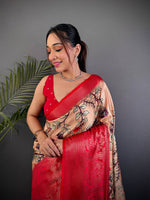 Peach Kalamkari Printed Soft Satin Saree