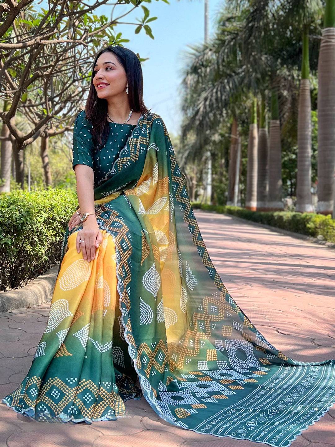 Yellow Ombre Bandhej Georgette Silk Saree