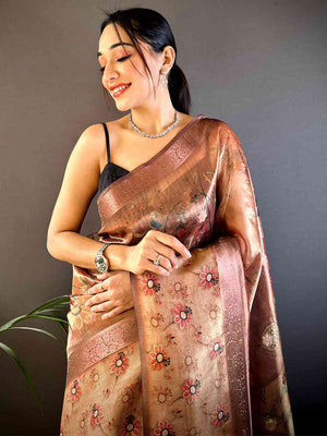 Maroon Floral Satin Bentex Border Saree