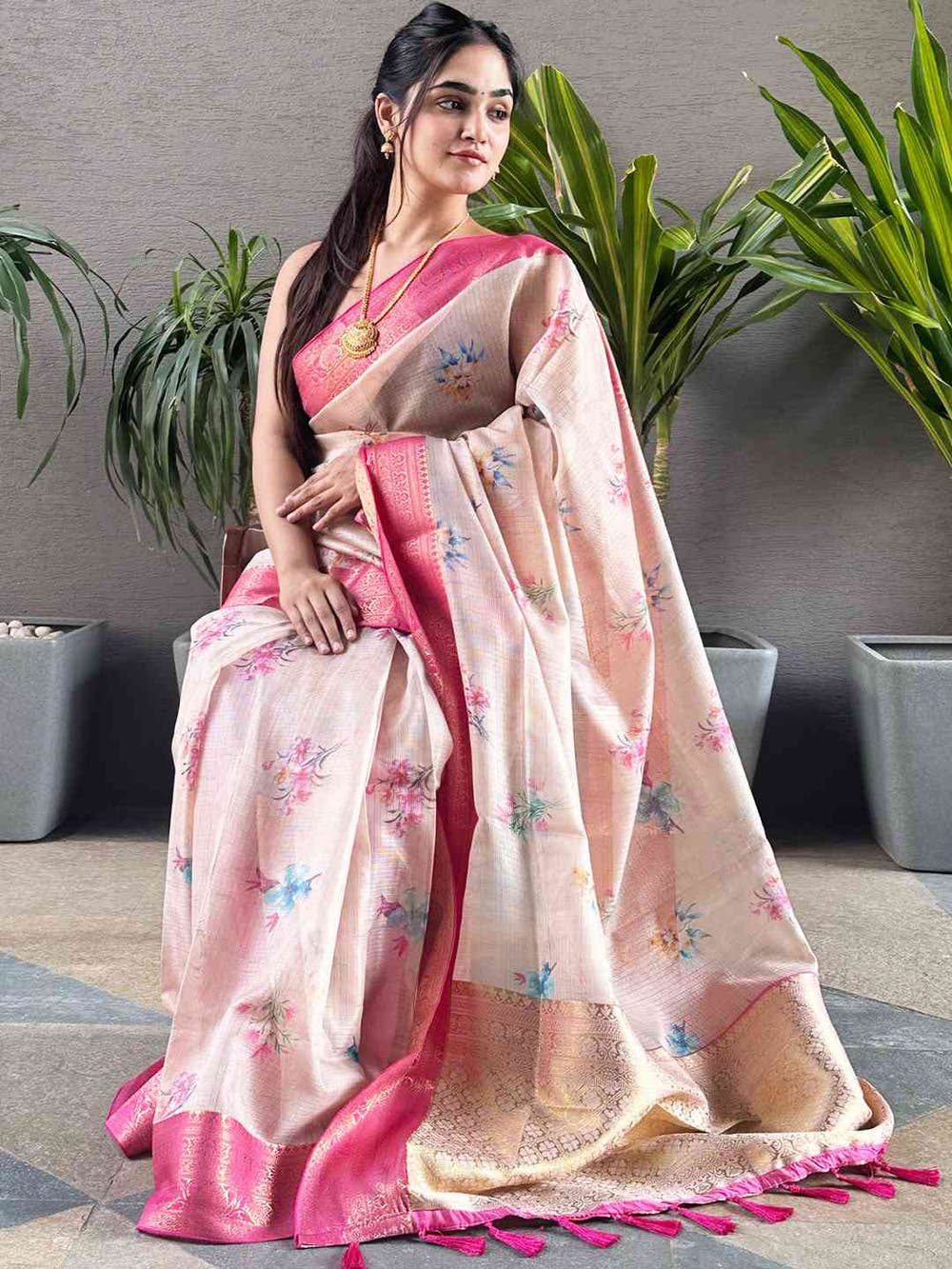 Peach Colour Digital Flower Print Kota Silk Saree