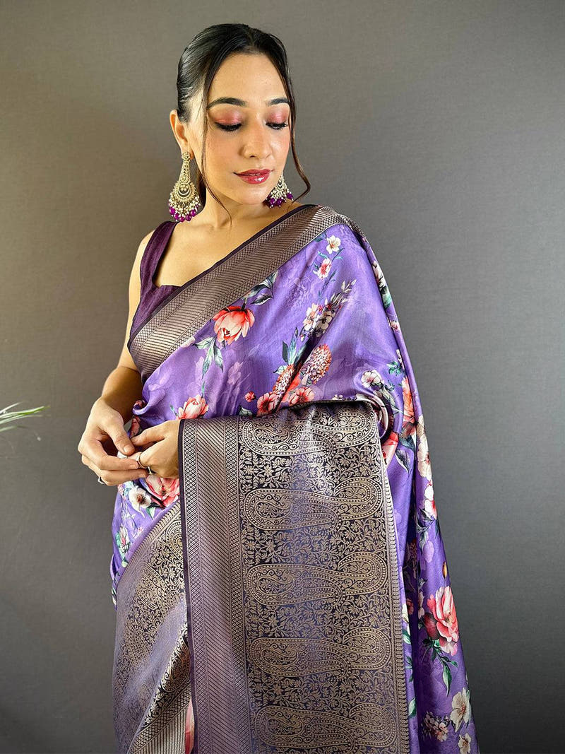 Purple Satin Silk Floral Print Saree