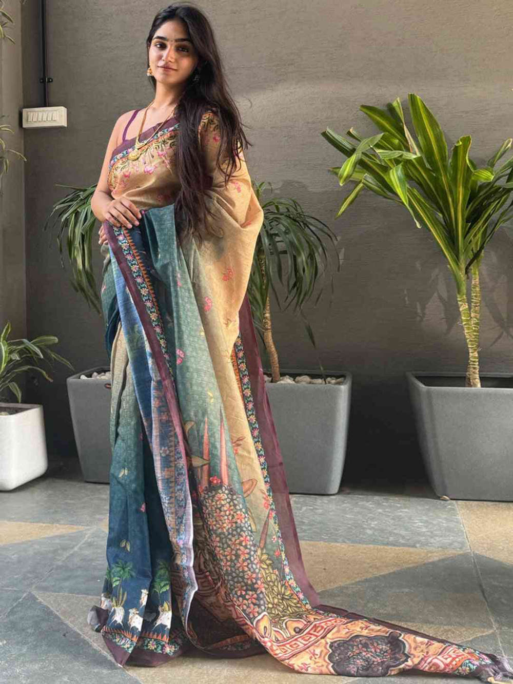 Soft Linen Ombre Pichwai Printed Turquoise Colour Saree