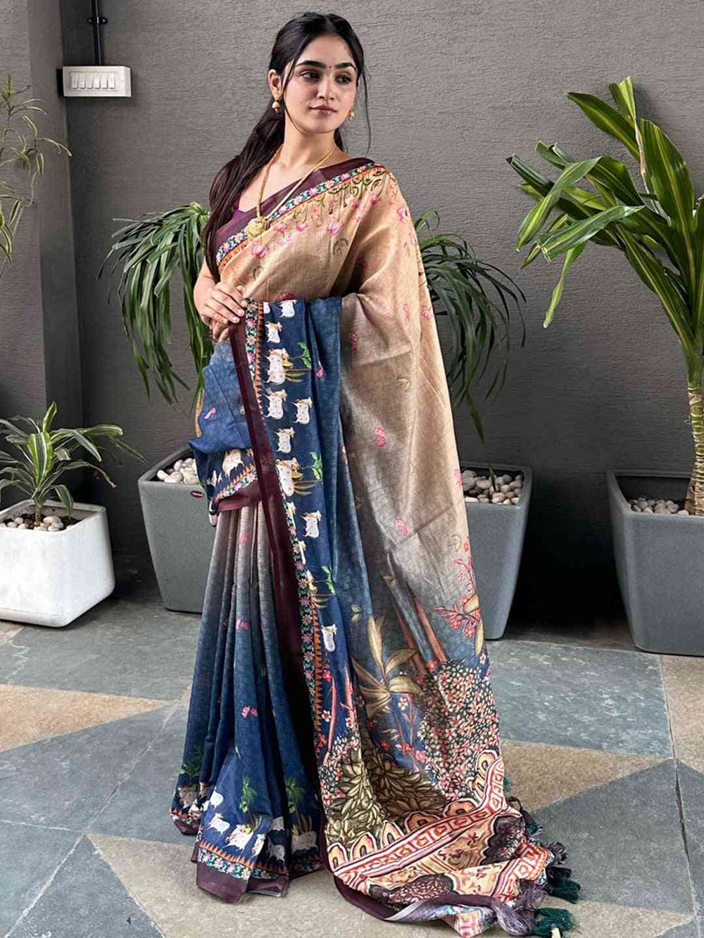 Soft Linen Ombre Pichwai Printed Blue Colour Saree