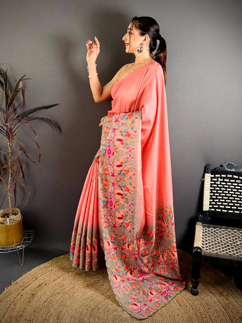 Coral Bird Print Tussar Festive Saree