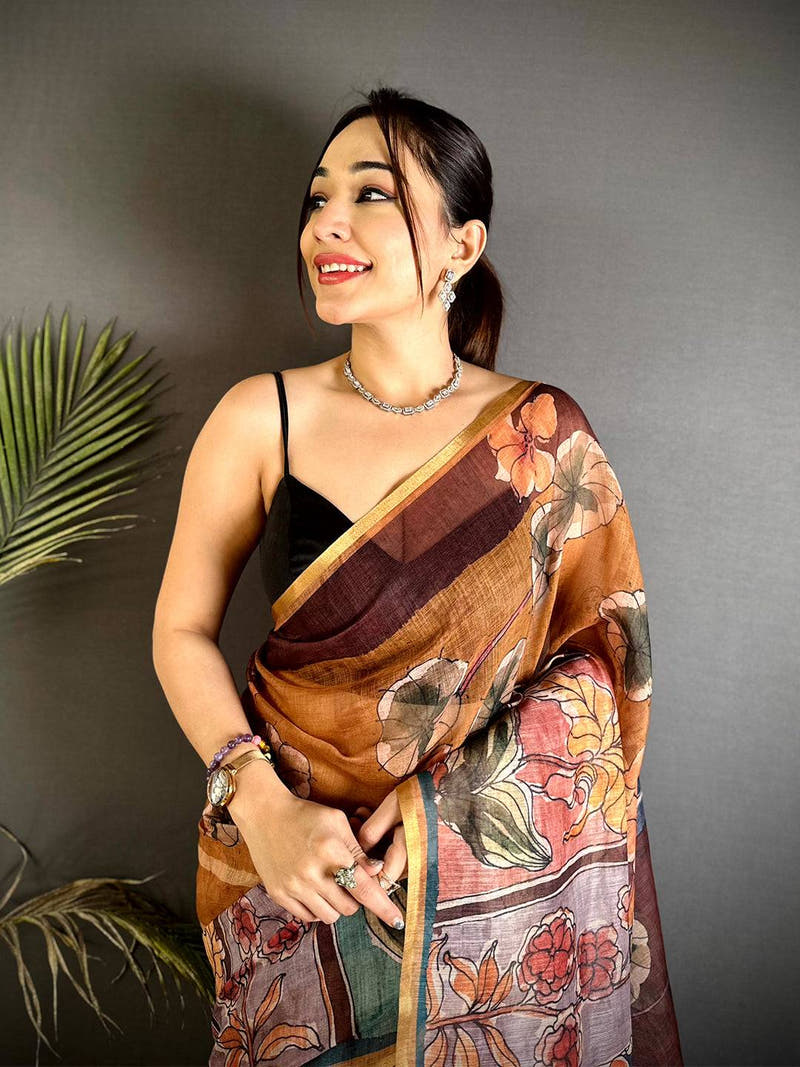 Regal Hand Block Floral Linen Saree