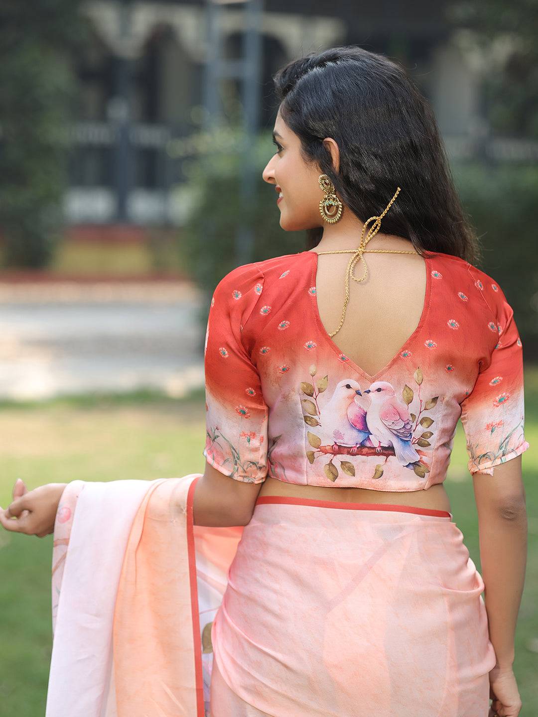 Satin Georgette Peach Colour Hand Print Saree - Luxe