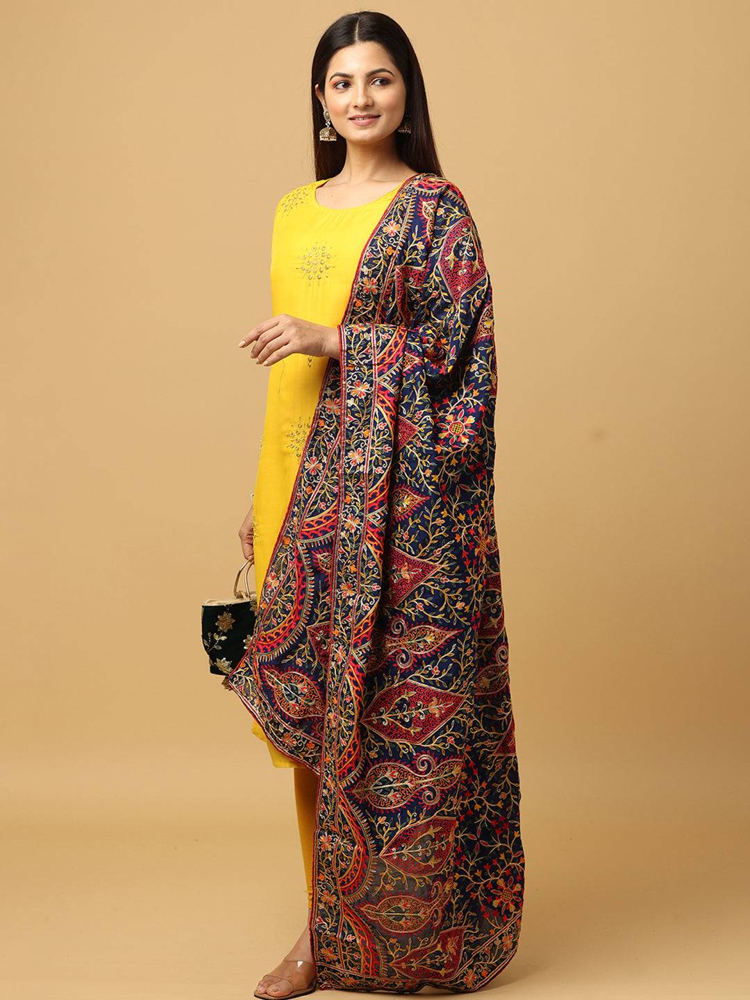 Navy Scallop Border Paisley Pashmina Dupatta