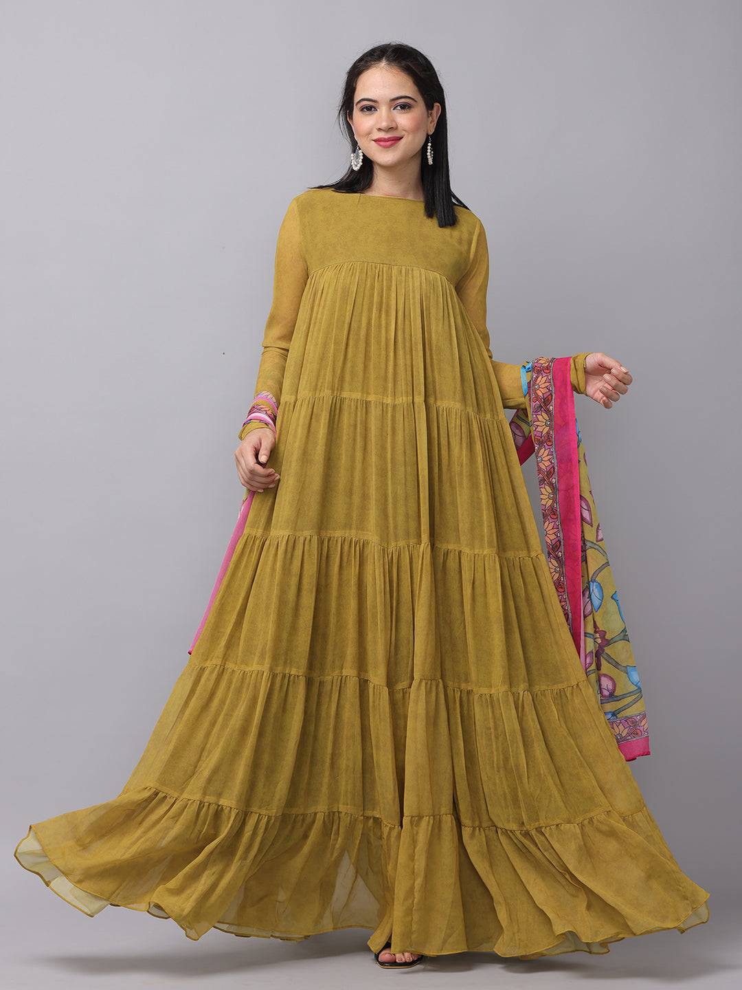 Mustard Olive Multi Layered Dress