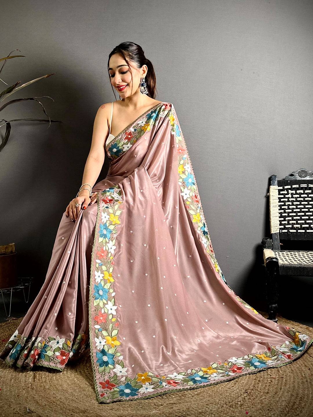 Opulent Floral Embroidered Border Saree