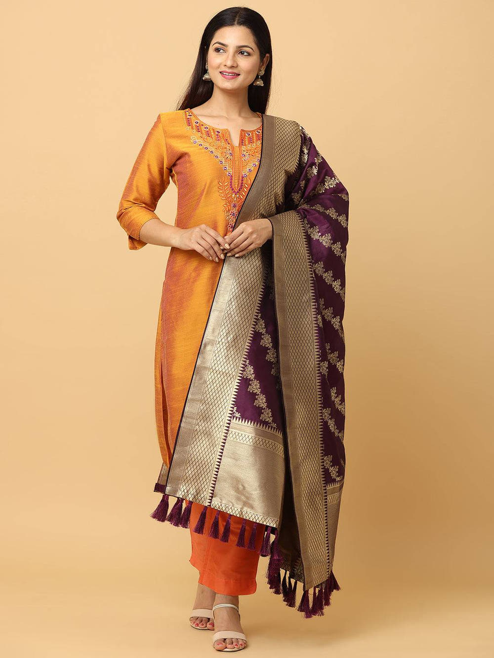Wine Colour Woven Design Dupatta