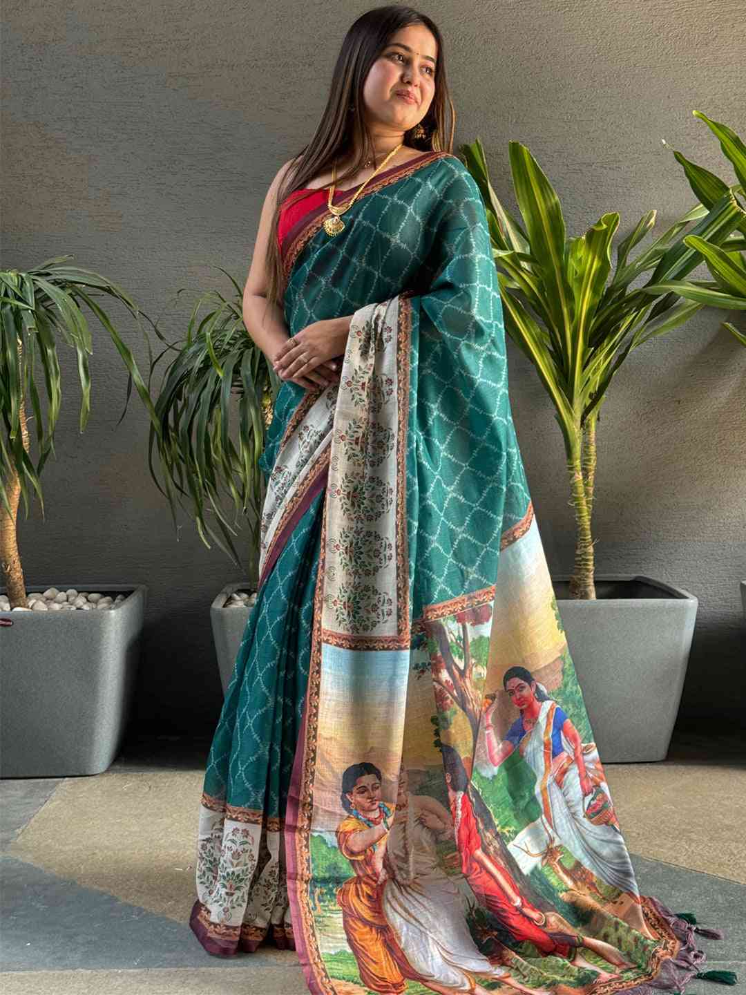 Teal Colour Ikkat Print Saree With kalamkari Block Print Design